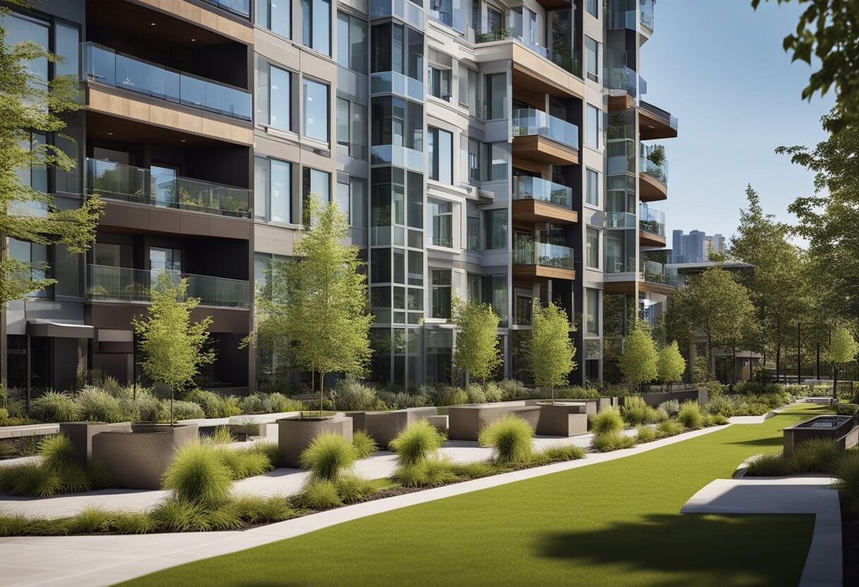 A row of modern condos nestled in a bustling cityscape, surrounded by amenities and green spaces